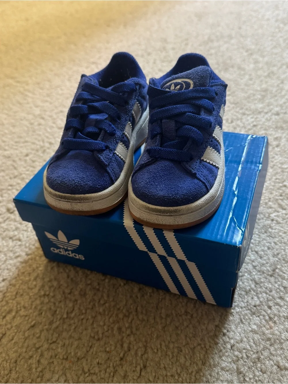 adidas Kids Royal Blue Suede Sneakers with White Stripes
